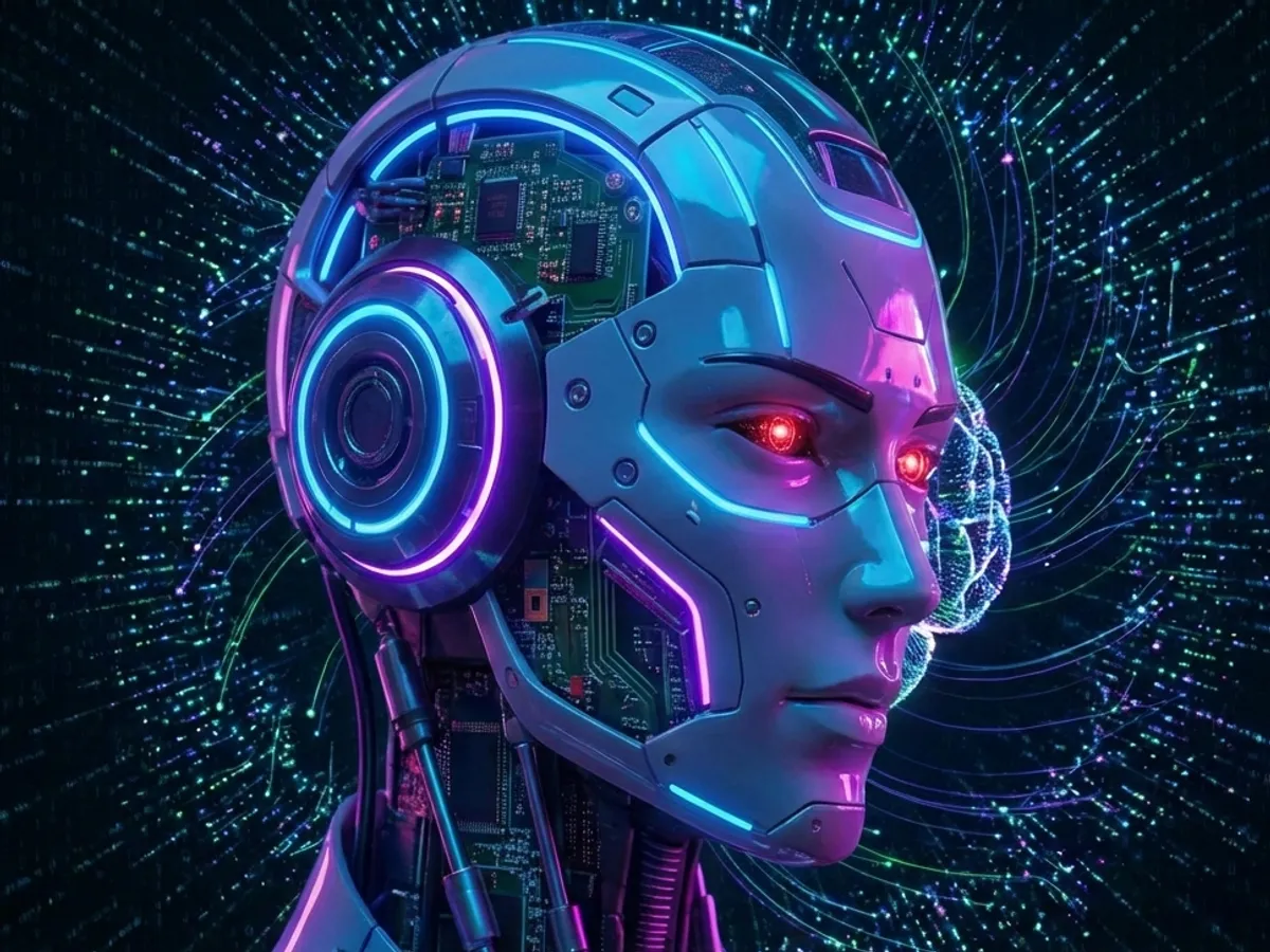 A stylized AI cortex rendered in neon circuitry